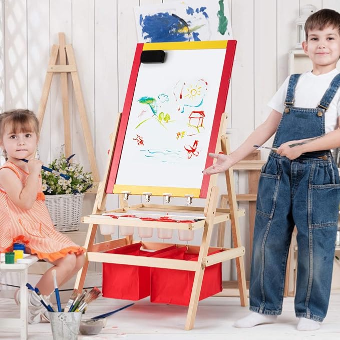 Costzon 3 in 1 Kids Art Easel with Paper Roll, Double Sided Adjustable Chalkboard & White Dry Erase with 4 Drawing Board Clips, Storage Bins, 26 English Alphabet Tiles for Toddlers (Red)