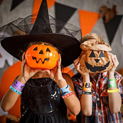 Halloween Party Favors for Kids - 50 Pack Slap Bracelets Halloween Decorations for Party Supplies, 36PCS Friendship Bracelet+14 Rubber Wristbands, Perfect Halloween Snap Bracelets for Halloween Treats