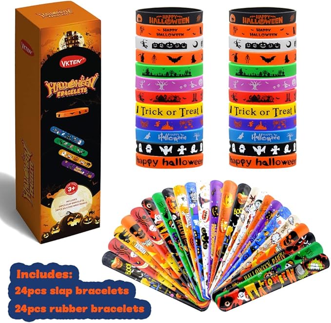 48Pcs Halloween Party Favors Halloween Slap Bracelets Rubber Wristbands Assorted Gifts for Kids - Trick or Treat Toys, Halloween Bag Stuffers Goody Bag Fillers Classroom Prizes
