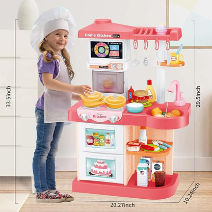 Kids Play Kitchen Toy Playset,Pink Kitchen Toy Set with Play Sink & Pretend Steam, Toddler Kitchen Accessories Set with Sounds & Light, Birthday for Boy Girl 3 4 5 7 8 Year Old