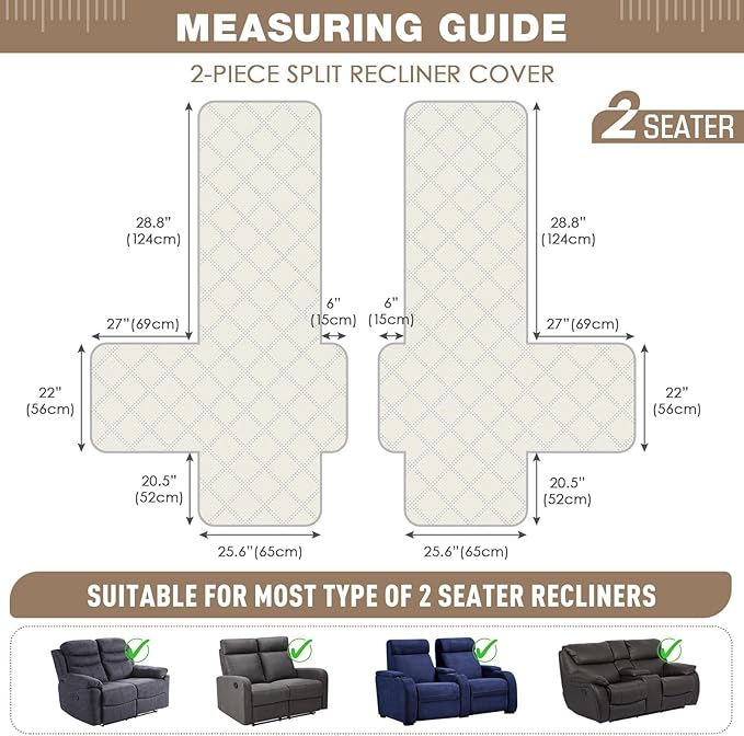 TAOCOCO 100% Waterproof Loveseat Recliner Cover, Non Slip Split Loveseat Covers for Reclining Loveseat with Elastic Straps, Washable Recliner Chair/Furniture Protector for Kids Pets(2 Seater, Cream)