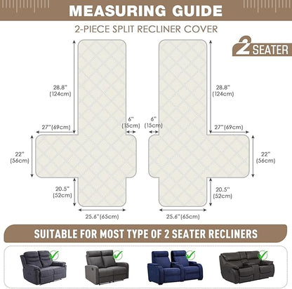 TAOCOCO 100% Waterproof Loveseat Recliner Cover, Non Slip Split Loveseat Covers for Reclining Loveseat with Elastic Straps, Washable Recliner Chair/Furniture Protector for Kids Pets(2 Seater, Cream)