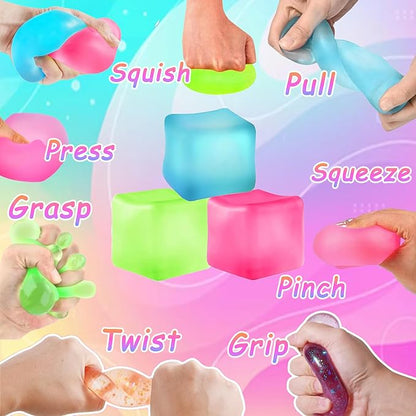3Pcs Stress Cube Squishy Toys, Slow Rising Ice Cube Stress Balls, Sensory Fidget Toys for Anxiety Relief, Sensory Ice Cube Gel Filled Squishy Ball Toys for ADD/ADHD Kids Adults(Blue, Green, Pink)