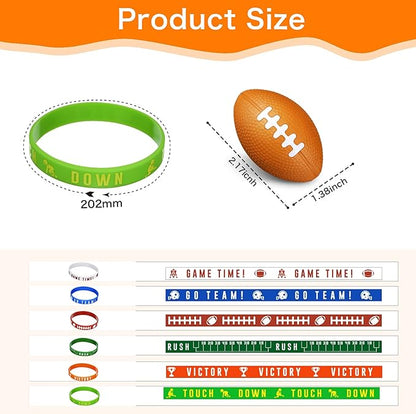 Sumind 48 Pcs Football Party Favors Include Mini Football Stress Balls and Sports Silicone Charm Bracelets Rugby Silicone Wristbands for Sports Themed Birthday Party Reward