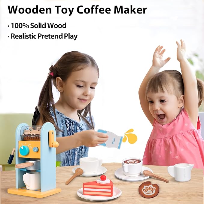 ICEKO Wooden Toy Coffee Maker Set with Grinder - 11pcs Realistic Play Kitchen Accessories for Kids - Pretend Play Toys - Kitchen Playset for Girls and Boys