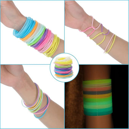 100 Pieces Silicone Jelly Bracelets Luminescent 80s 90s Hair Ties Accessories Multicolor Rainbow Wristband Valentine's Party Favor Mardi Gras Wrist Armband Retro Band for Girls Women Employee Team