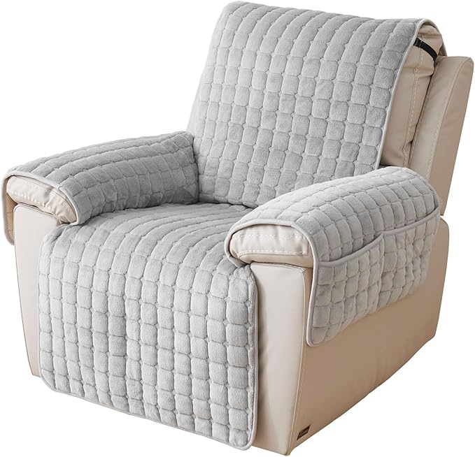 Quilted Recliner Chair Covers, Plush Non Slip Chair Slipcover Soft Washable Couch Cover Furniture Protector with Elastic Straps and Pocket for Kids, Dogs, Pets (Grey, 1 Seater)