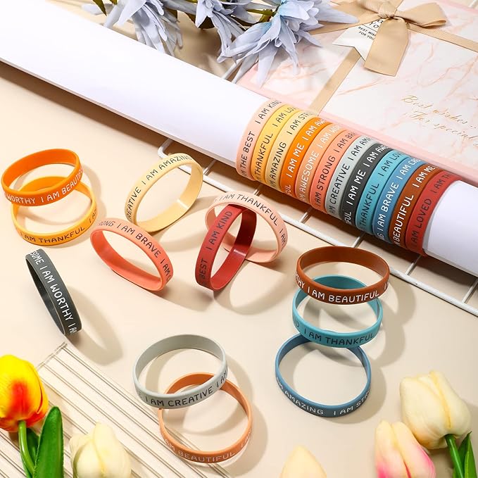 Sratte 48 Pcs Inspirational Silicone Wristbands Rubber Stretch Unisex Bracelets Student Gift Stocking Suffers for Class(Bright Color)