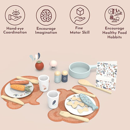 Speedy Monkey Wooden Dining Set for Two – 19-Piece Pretend Play Meal Kit with Pasta, Fish, Sausage, Vegetables, and More – for Kids 2yrs Up | Encourages Imagination, Role Play & Fine Motor Skills