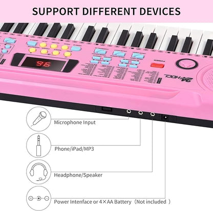 Kids Keyboard 61 Keys, Beginner Electronic Piano with One-Key Teaching 100 Tones & Rhythms, Portable Music Keyboard for Children with Microphone, Music Stand [Pink, Piano Only]