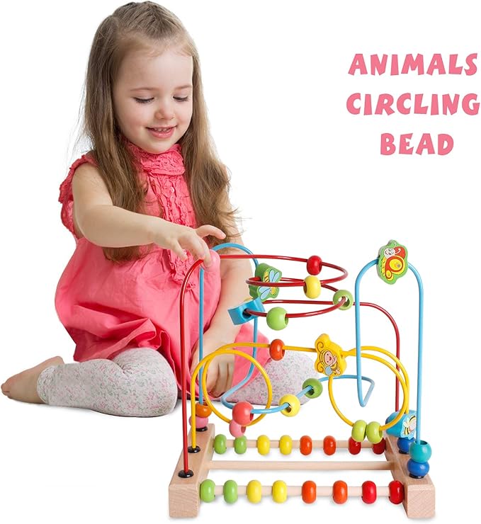 SHIERDU Wooden Toys with Animals Graphics Bead Maze Game Educational Abacus Beads Circle Toys Colorful Roller Coaster Game Gift for Toddlers Kids Children Girls Boys