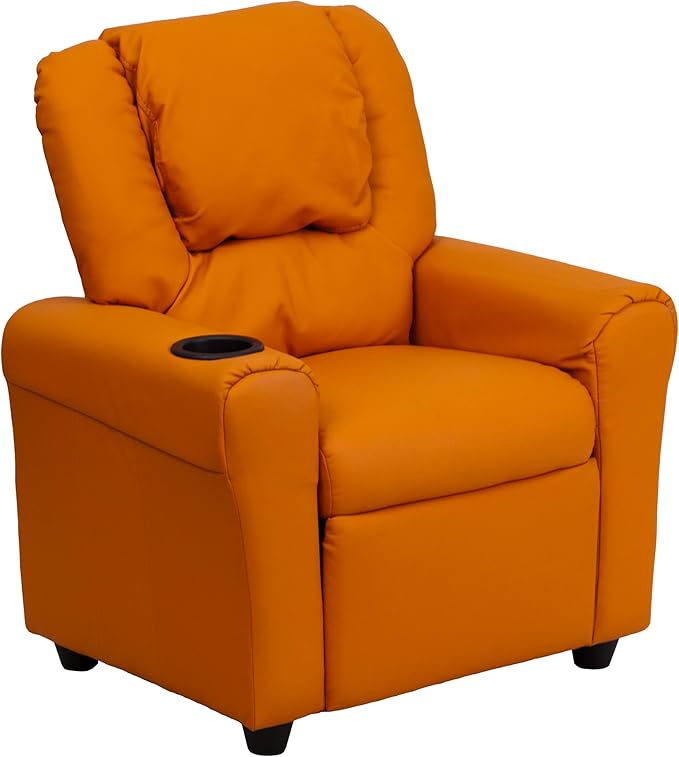 Flash Furniture Vana Vinyl Kids Recliner with Cup Holder, Headrest, and Safety Recline, Contemporary Reclining Chair for Kids, Supports up to 90 lbs., Orange