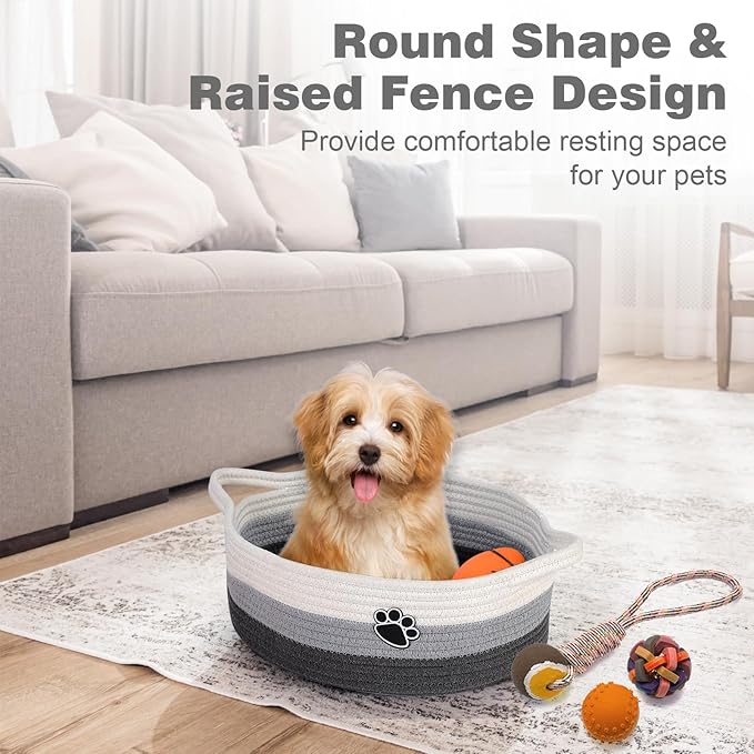 Optish Dog Toy Easter Basket, Toy Box and Bin for Dog Cat Storage, 13.5" X 11" X 5" Small Woven Rope Basket for Baby Storage, Closet, Living Room, White & Grey