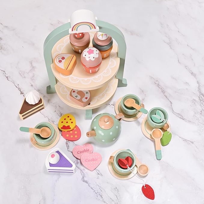 27pcs Wooden Tea Set for Little Girls, Toddler Tea Set Wooden Toys Play Kitchen Accessories with Cupcake Stand, Kids Tea Party Set Pretend Play Food Birthday Gift Playset