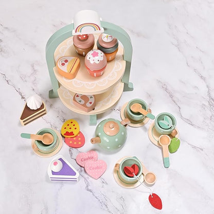 27pcs Wooden Tea Set for Little Girls, Toddler Tea Set Wooden Toys Play Kitchen Accessories with Cupcake Stand, Kids Tea Party Set Pretend Play Food Birthday Gift Playset