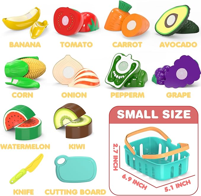 Cutting Play Food Toys For Kids, Pretend Play Kitchen Accessories, Fake Fruits/Vegetables Set With Shopping Storage Basket, Plastic Board And Knife, Birthday Gifts/Educational Toy For Toddler Children