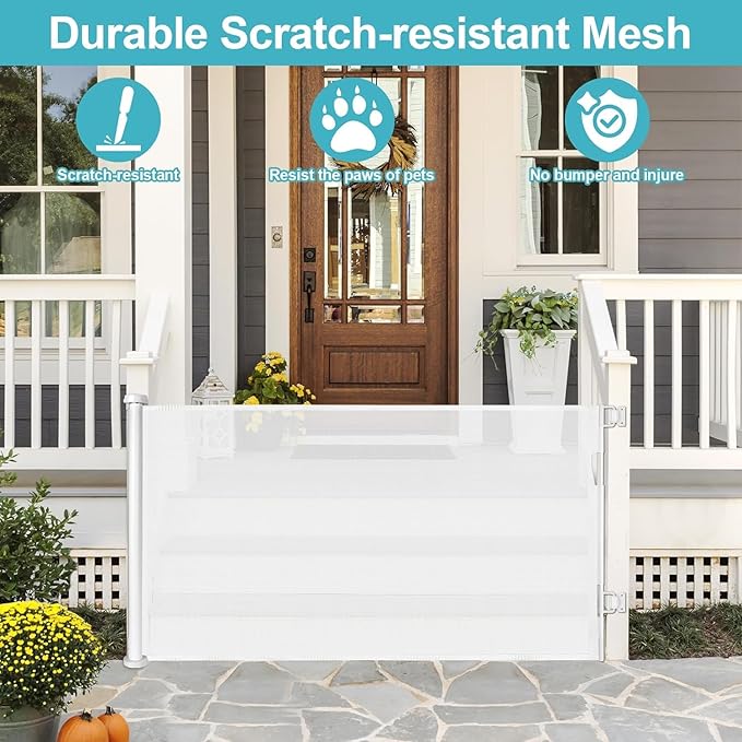 52 Inch Retractable Dog Gate for Kids Indoor Retractable Baby Gate for Doorway Retractable Baby Gate for Stair Outdoor Baby Gate for Decks Pet Gate for Stair Outdoor Child Gate for Doorways (White)