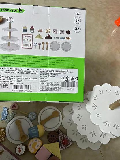 Play Food Sets for Kids Kitchen, Wooden Play Food Including Three-Tier Cake Stand, 22 Pcs Wooden Food Toys, Toddler Girl Toys