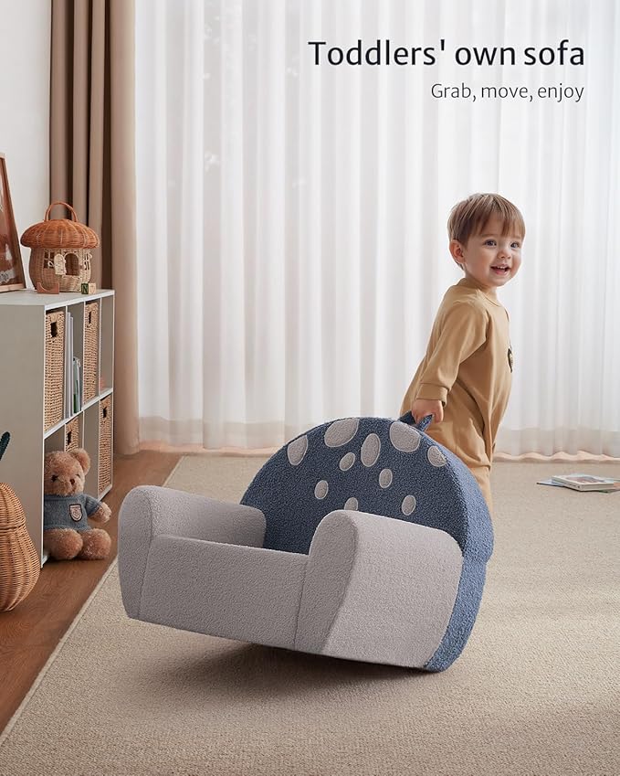 Blissful Diary Toddler Chair Comfy, Foam Kids Chair with Soft Teddy Plush, Toddler Reading Chair with Cute Mushroom Designs- Blue