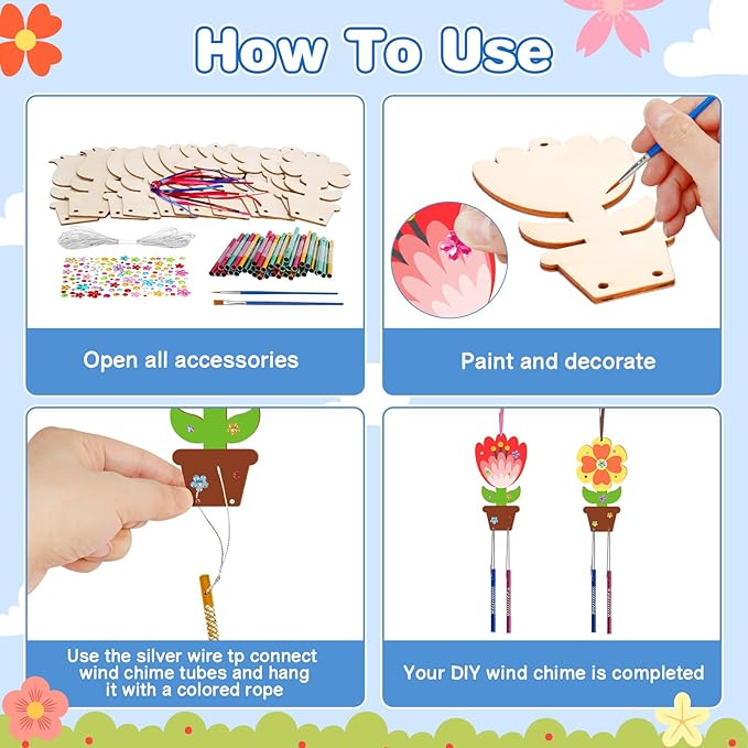 Fennoral 12 Pack Flower Wind Chime Craft for Kids Make You Own Flower Wind Chimes Ornaments DIY Coloring Wooden Art and Craft for Spring Summer Art Activities Birthday Decorations