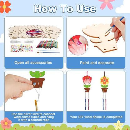 Fennoral 12 Pack Flower Wind Chime Craft for Kids Make You Own Flower Wind Chimes Ornaments DIY Coloring Wooden Art and Craft for Spring Summer Art Activities Birthday Decorations