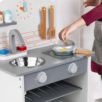 Wooden Toy Kitchen Set for Kids, Toy Kitchen Playset with Removable Sink Faucet & Play Food, Pretend Play Kitchen Toys for Toddlers Age 3+