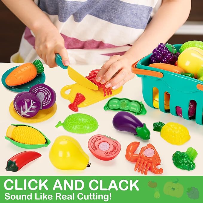 Play Food Set for Kids Kitchen- 68 Pcs Kitchen Food Toy for Toddlers, Cutting & Color Sorting Fake Food/ Fruit/ Vegetable Accessories, Birthday Gifts for 2 3 4 5 Years Old Boys Girls