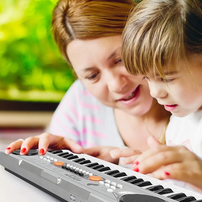 Raimy Piano Keyboard for Beginners, 61 Keys Portable Electronic Digital Piano with Microphone, Learning Educational Music Keyboard Piano for Kids Gifts Toys for Boys Girls Toddlers (Silver)