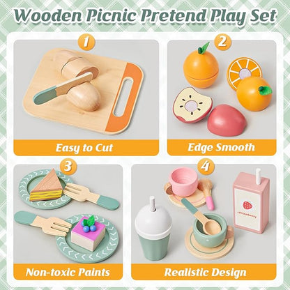 Toyssa Wooden Picnic Tea Party Set for Litle Girls 3-5, Picnic Pretend Play Kitchen Accessories for Kids with Fruits & Desserts, Toys Foods Christmas Birthday Gifts for Girls Boys 3 4 5 6 Years Old
