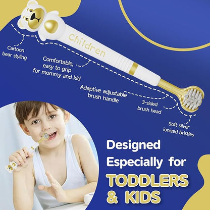 3 Sided Toothbrush for Kids, Japanese Design Triple-Angle Toothhugger, Cartoon Bear Design Sensory Toothbrush for Toddlers, Kids Toothbrush for Aged 3-12, Soft Bristles for Gentle Gum Care (3Pack)