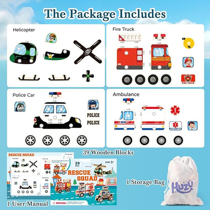 HUZU Emergency Vehicles 3D Puzzle Toy, Rescue Squad Wooden Snap Button Connection Building Blocks for Kids 3-8, Fire Truck Ambulance Police Car Helicopter Montessori Gifts for Preschool Children