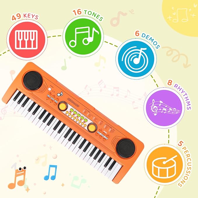 Kids Piano Keyboard with Microphone, 49 Keys Portable Electronic Piano Keyboard for Kids Beginners Ages 3 4 5 6 7, Toy Music Keyboard Birthday Xmas Gift for Girls Boys, Orange
