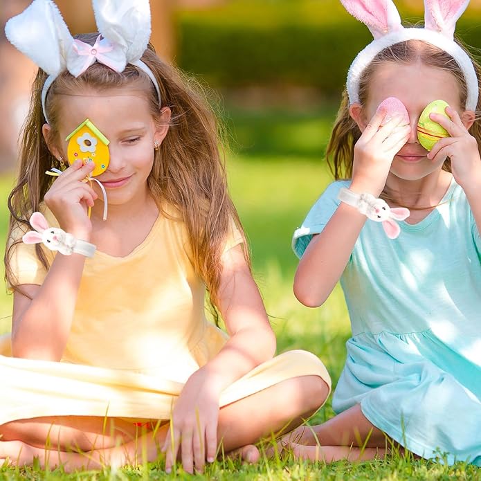 2pcs Easter Rabbit Stuffed Animal Slap Bracelets, Cute Easter Slap Bracelets Plush Animals Slap Bands Easter Snap Bracelets Gifts for Birthday Party Christmas