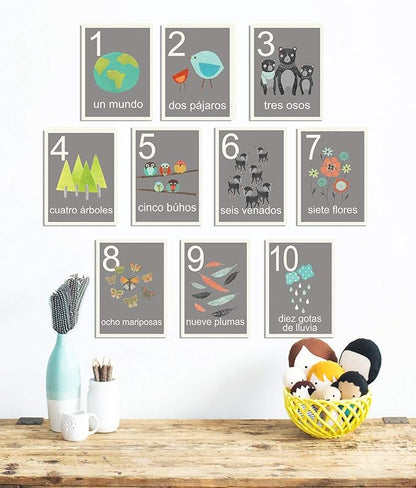 Our World Counting Cards in Spanish, Number Flash Cards, Set of Ten 08x10 Inch Print Wall Art Prints, Nursery Wall Decor, Kid's Art Decor, Gender Neutral Nursery, Nature