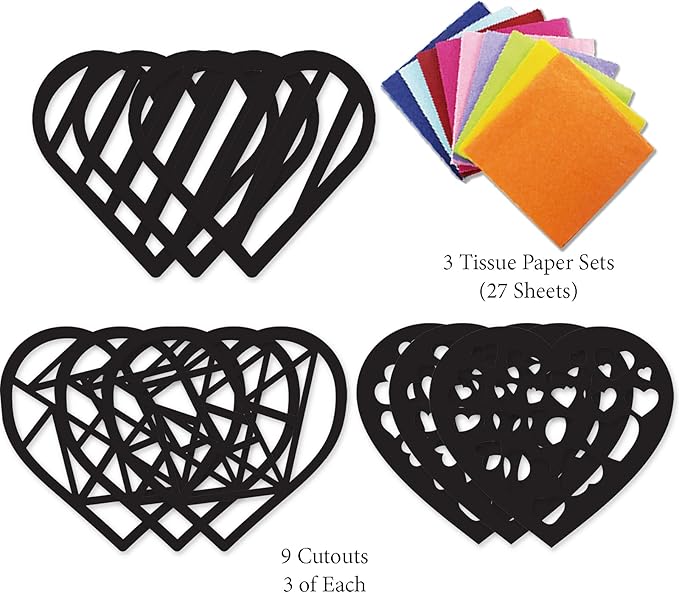 VHALE Suncatchers Craft 3 Sets (9 Cutouts) w Tissue Papers Stained Glass Effect Paper Sun Catcher Kit, Window Art, Classroom Crafts, Creative Art Projects, Kids Party Favors (Valentine Heart)