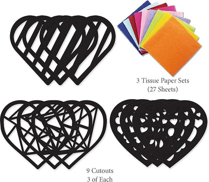 VHALE Suncatchers Craft 3 Sets (9 Cutouts) w Tissue Papers Stained Glass Effect Paper Sun Catcher Kit, Window Art, Classroom Crafts, Creative Art Projects, Kids Party Favors (Valentine Heart)