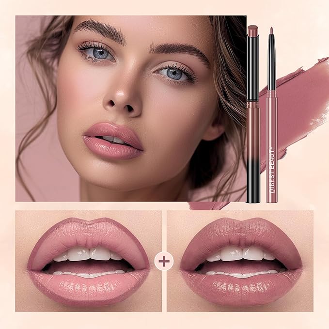 QiBest Nude Rose Pink Matte Lipstick with Lip Liner Makeup Set for Women, Cream Lip Stick and LipLiner Pencil 24 Hours Original Waterproof Labials, Velvety & Non-Drying Formula