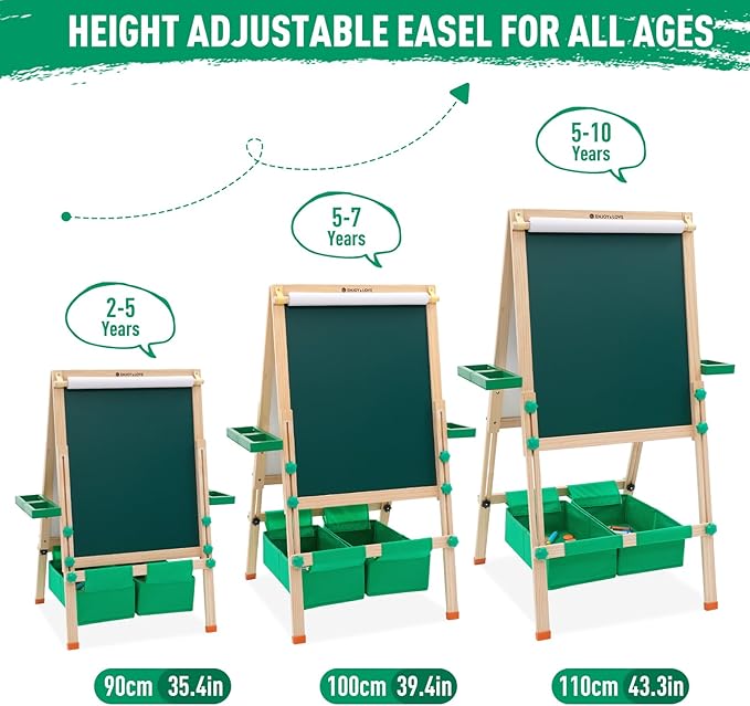 Extra Large Wooden Easel with Paper Roll, Art Easel for Kids White Board & Chalkboard 2 Sided, Height Adjustable, Foldable Drawing Board Includ Rich Painting Accessories, L: 25.5, W: 20.9, H: 43.3inch