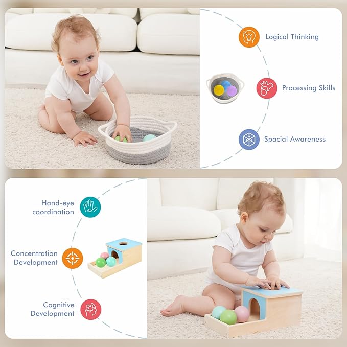 Montessori Toys for Babies 7-8 Months, Wooden Montessori Toys, Includes Object Permanence Box, Balls, Rainmaker, Peek-a-Zoo Puzzle, Texture Cards, First Signs, Play Guide, Treasures Basket