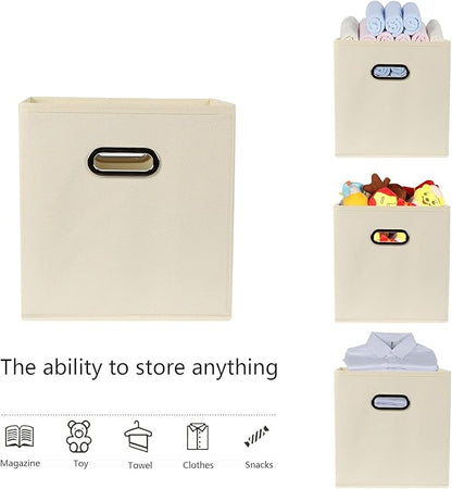 Fabric storage bins Cubes, Fabric Cube Organizer with Handle, Foldable Cube Bins for Cloth or Accessary Storage, 11x11x11, Set of 10, (Creamy White)