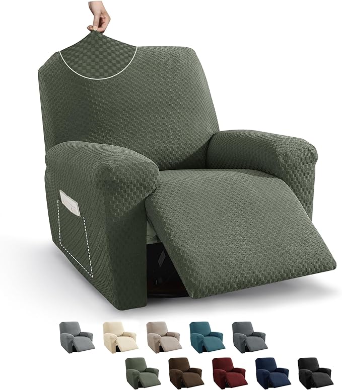 MAXIJIN Recliner Cover Slipcovers for Living Room 4 Pieces Stretch Jacquard Recliner Chair Cover Soft Fitted Recliner Protector with Elastic Bottom for Kids, Pets (Recliner, Army Green)