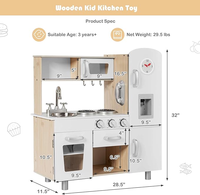 Costzon Kitchen Playset for Kids, Wooden Pretend Cooking Kitchen w/Utensils, Oven, Cabinets, Faucet, Sink & Telephone, Toddlers Play Kitchen Set with Accessories Gift for Age 3+ (Natural)
