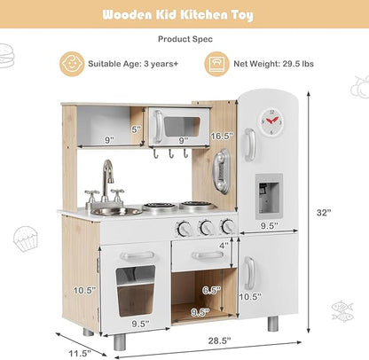 Costzon Kitchen Playset for Kids, Wooden Pretend Cooking Kitchen w/Utensils, Oven, Cabinets, Faucet, Sink & Telephone, Toddlers Play Kitchen Set with Accessories Gift for Age 3+ (Natural)