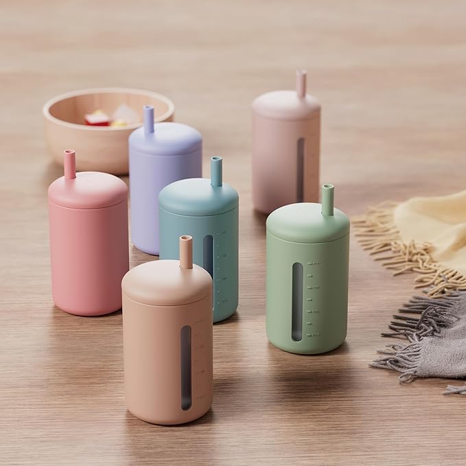 Silicone Straw Cup, 200ml Trainer Cup Toddler Training Straw Cup for Boys and Girls, Unbreakable, 100% Food Grade Silicone (Ether/Cambridge Blue)