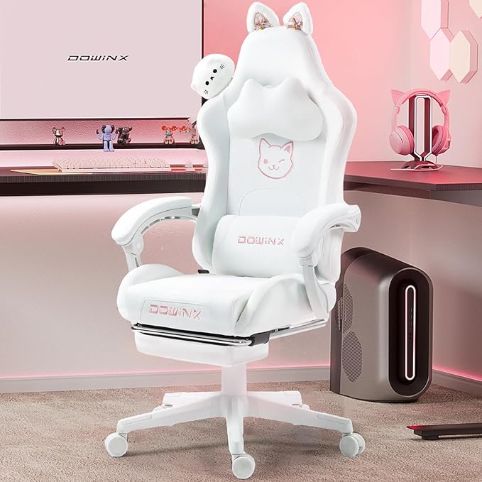 Dowinx Gaming Chair Cute with Cat Ears and Massage Lumbar Support, Ergonomic Computer Chair for Girl with Footrest and Headrest, Comfortable Reclining Game Chair 290lbs for Adult, Teen, White
