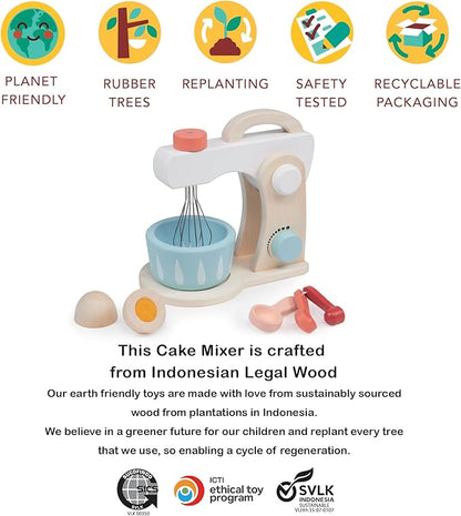 Mentari Toys - Cake Mixer - 7pc Wooden Baking Play Set - Pretend Play Kitchen Accessory with Bowl, Rotating Whisk, Egg and Measuring Spoons - Encourages Role Play and Fine Motor Skills - Age 3+