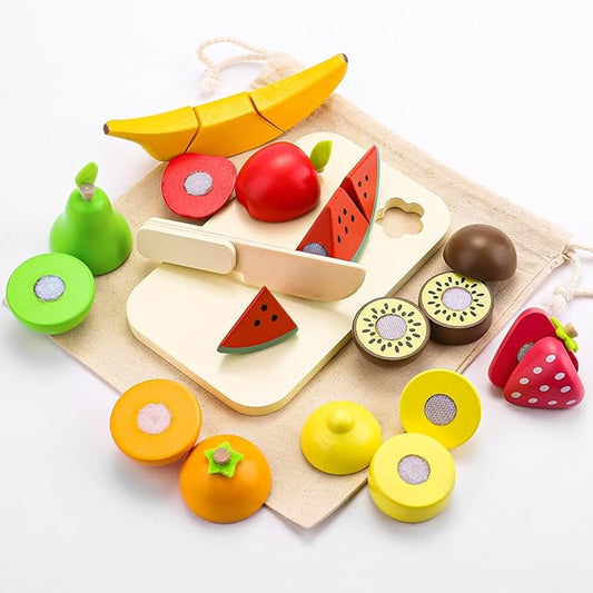 Cutting Fruit Set - Wooden Play Food Kitchen Accessory, Multi - Pretend Play Accessories, Wooden Cutting Fruit Toys for Toddlers and Kids Ages 3+
