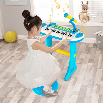 Costzon 31-Key Kids Piano Keyboard Toy, Toddler Electronic Musical Instrument Educational Toy w/Microphone, Multiple Sounds, Record Playback, Lights & Stool, Birthday Gift for Girls Boys Age 3+, Blue