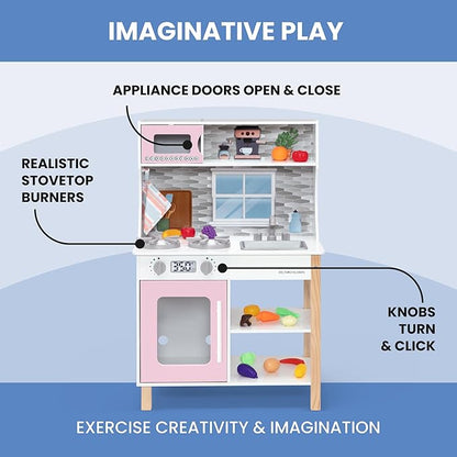 Delta Children Tiny Chef Play Kitchen - Toy Kitchen Playset with Realistic Knobs That Turn/Click, Oven, Sink, Microwave and 15 Pieces of Play Food, Pink