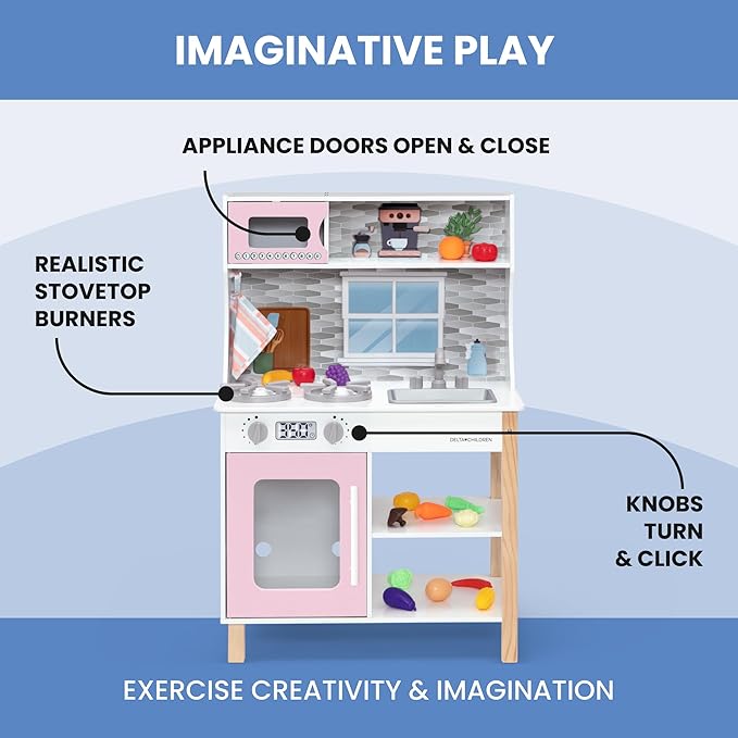 Delta Children Tiny Chef Play Kitchen - Toy Kitchen Playset with Realistic Knobs That Turn/Click, Oven, Sink, Microwave and 15 Pieces of Play Food, Pink